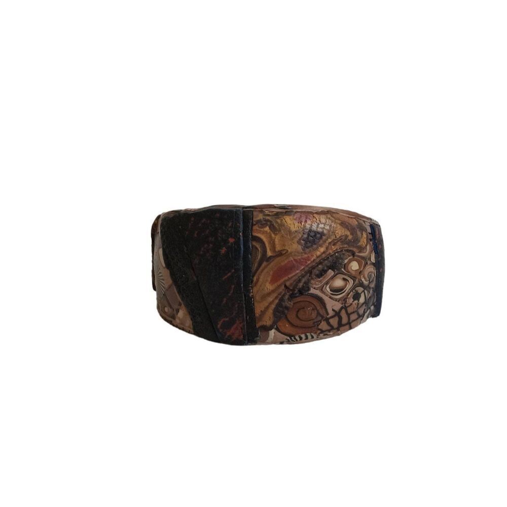 Handmade Shades of Brown and Black Multi Print Polymer Clay Cuff Style Bracelet